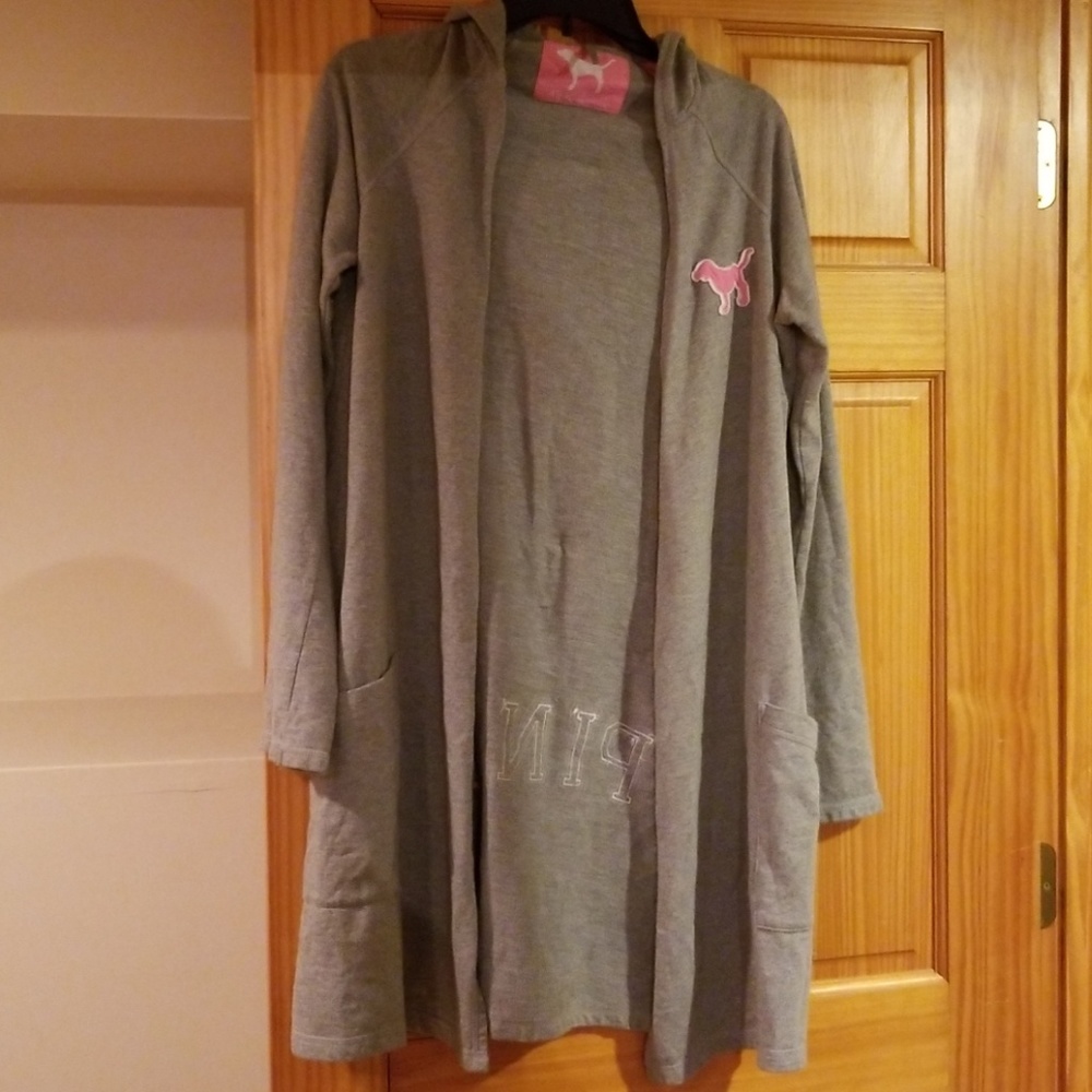 PINK Draped Open Front Pockets Hood Gray Sweater